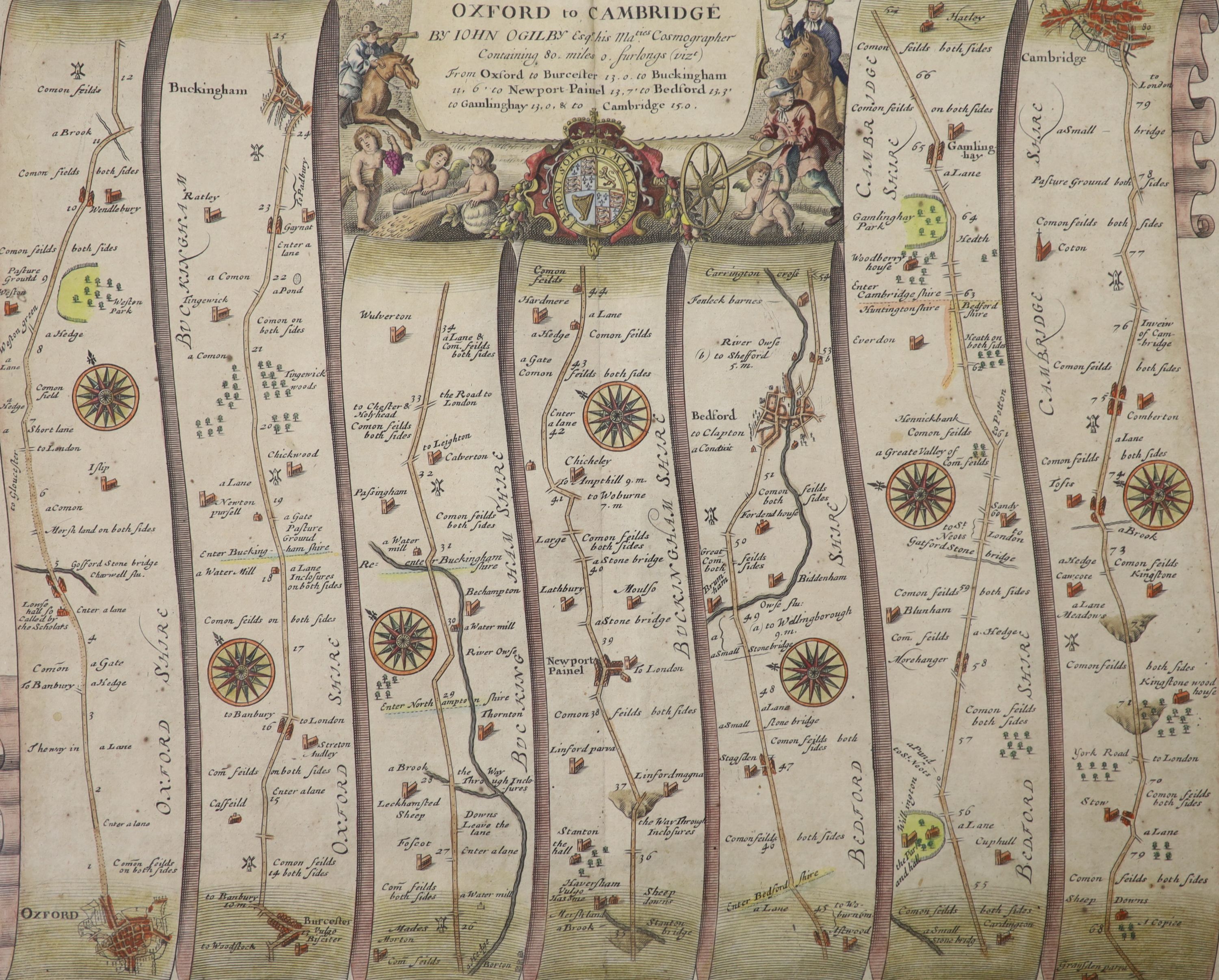John Ogilby, coloured engraving, The Road from Oxford to Cambridge, 35 x 43cm